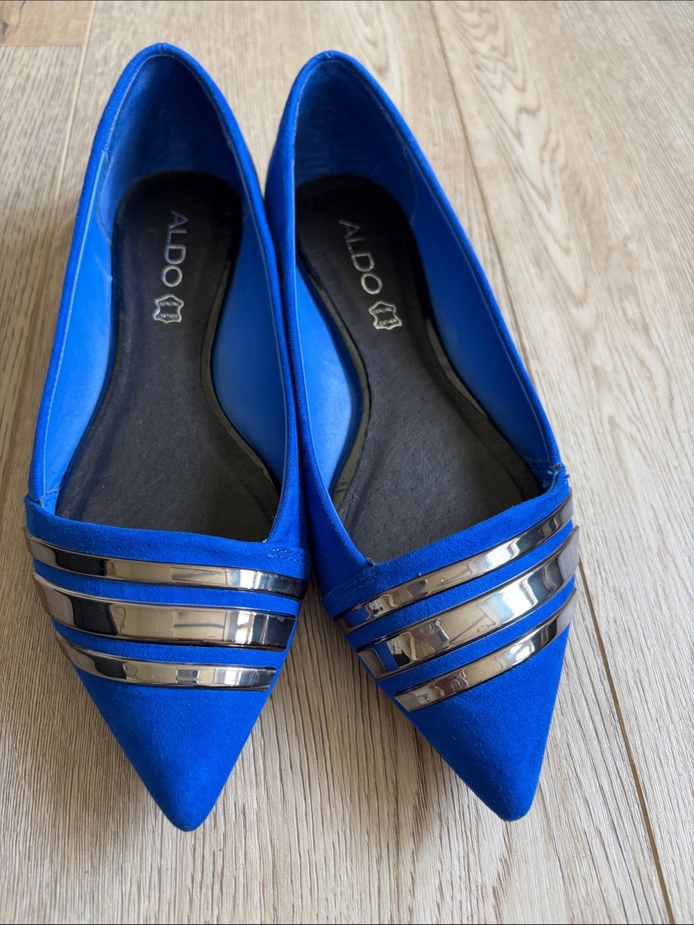 Aldo Royal Blue Pointed Flats with Silver Metallic Straps